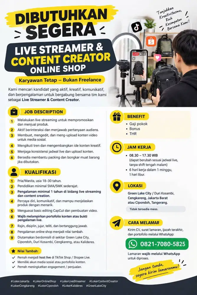 LIVE STREAMER & CONTENT CREATOR ONLINE SHOP DIBUTUHKAN SEGERA