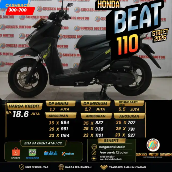 HONDA BEAT STREET 2026 KM RENDAH PLAT BEKASI KOTA BISA PAKAI PAYLATER