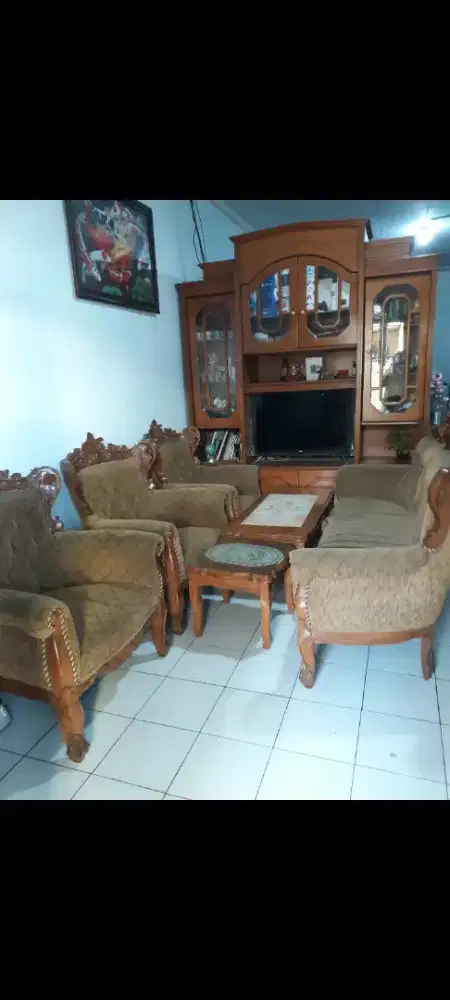 Set Kursi Tamu Kayu Jati 1 Panjang + 3 Single + Meja Kaca