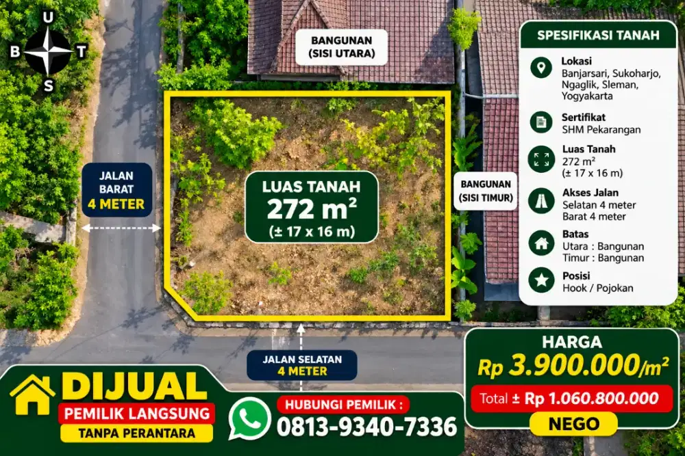DIJUAL TANAH HOOK STRATEGIS DEKAT UII – SLEMAN, JOGJA!