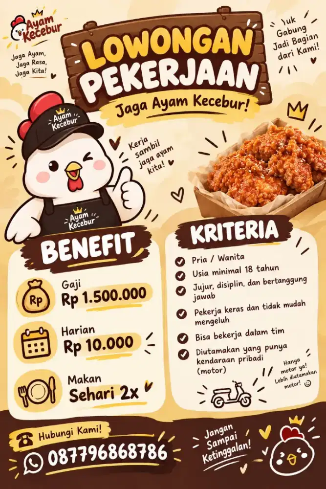 Dicari karyawan jaga stand ayam lokasi jalan delman utama