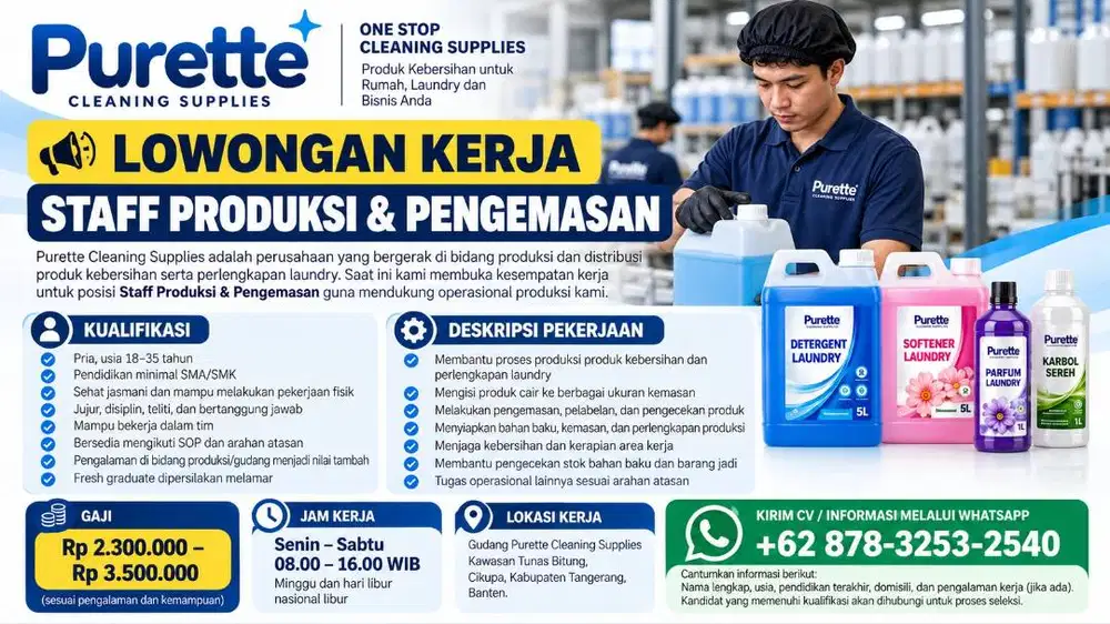 STAFF PRODUKSI & PENGEMASAN PERGUDANGAN TUNAS BITUNG , CIKUPA