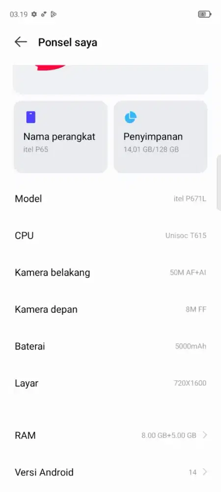 itel p65 Ram 8/128