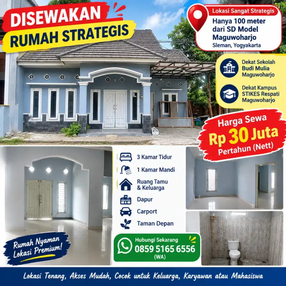 Disewakan rumah hanya 100 meter dari SD model Maguwoharjo Sleman