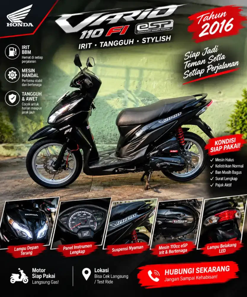 Honda Vario 110 FI eSP 2016 Hitam - Pajak Panjang & Surat Lengkap