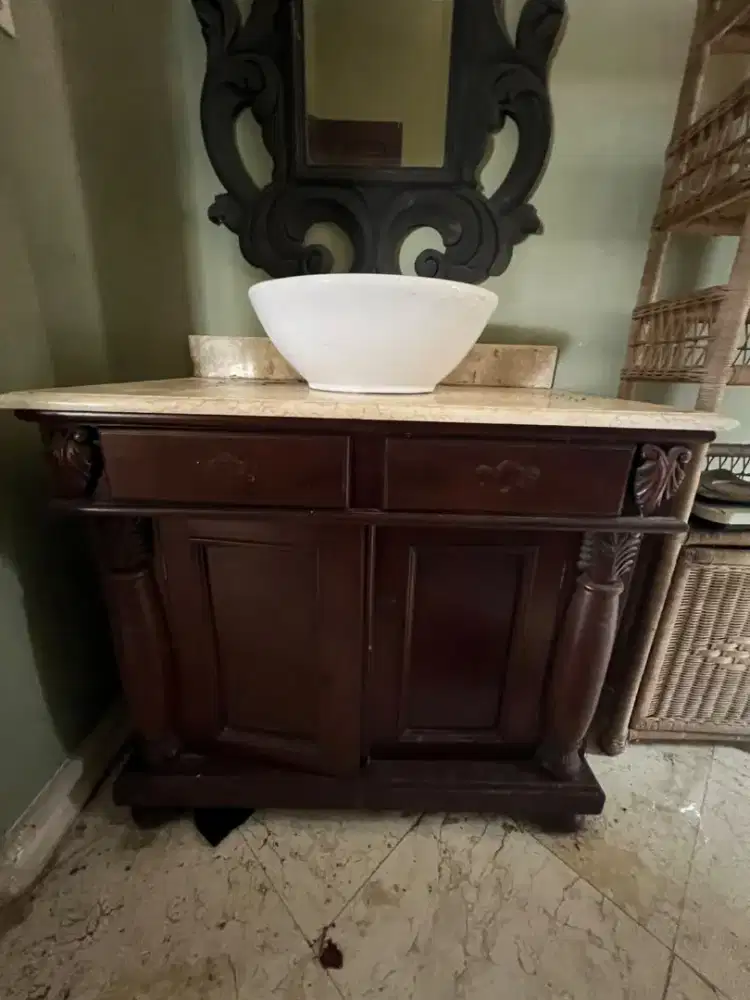 Meja Kabinet Wastafel Kayu Jati Top Marmer Klasik Antik