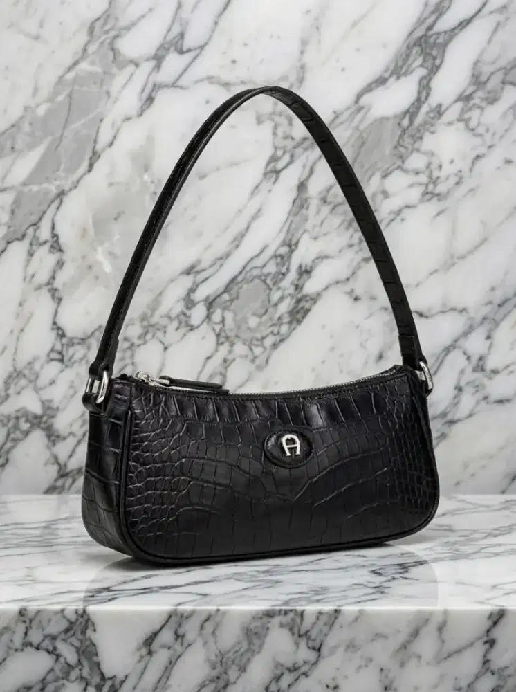 Aigner Black Croc Embossed Leather Buckle Shoulder Bag