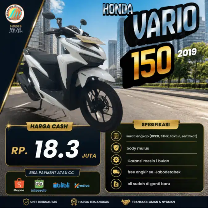 HONDA VARIO 150 KEYLESS 2019 WARNA PUTIH PLAT DEPOK BISA PAYLATER
