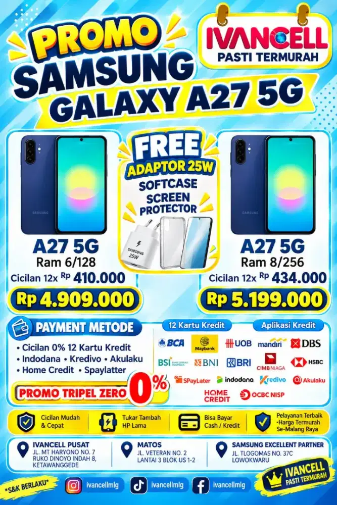 SAMSUNG A27 MURAH POLL
FREE ADAPTER, CASE, TG
CICILAN SYARAT KTP DP 0%
