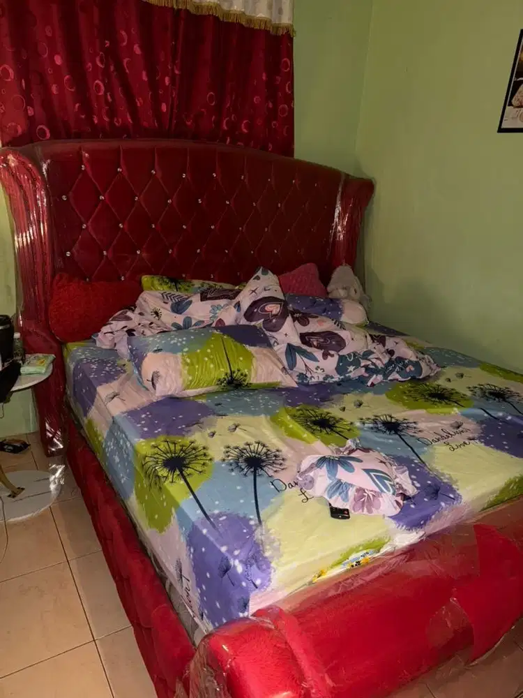 Divan baldu kancing plus springbed tampahan
