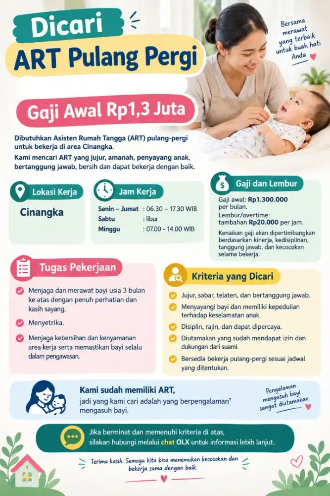 Dicari ART Pulang Pergi – Cinangka. Gaji Awal Rp1,3 Juta