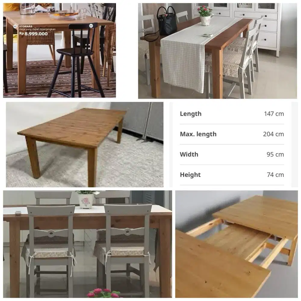Extendable Meja makan IKEA + 4 kursi makan kayu pinus