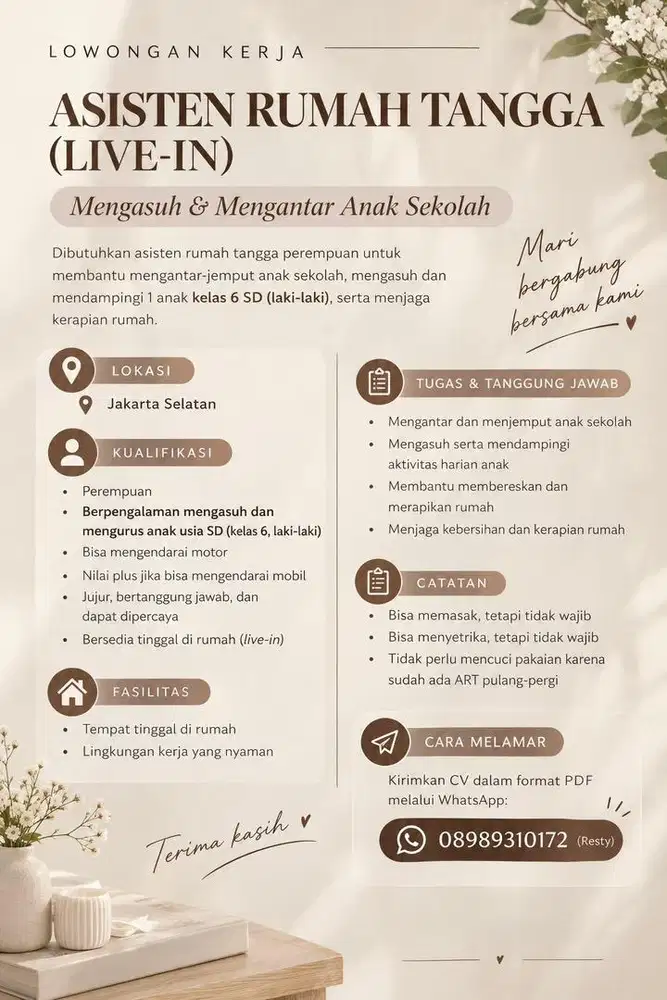 DIBUTUHKAN ASISTEN RUMAH TANGGA (LIVE-IN) – JAKARTA SELATAN