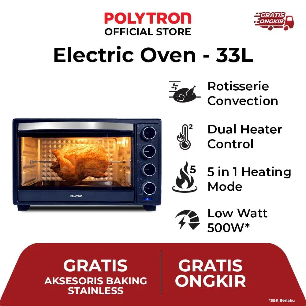 New Smart Electric Oven POLYTRON LOW WATT JUMBO 33Liter with 5 Heating