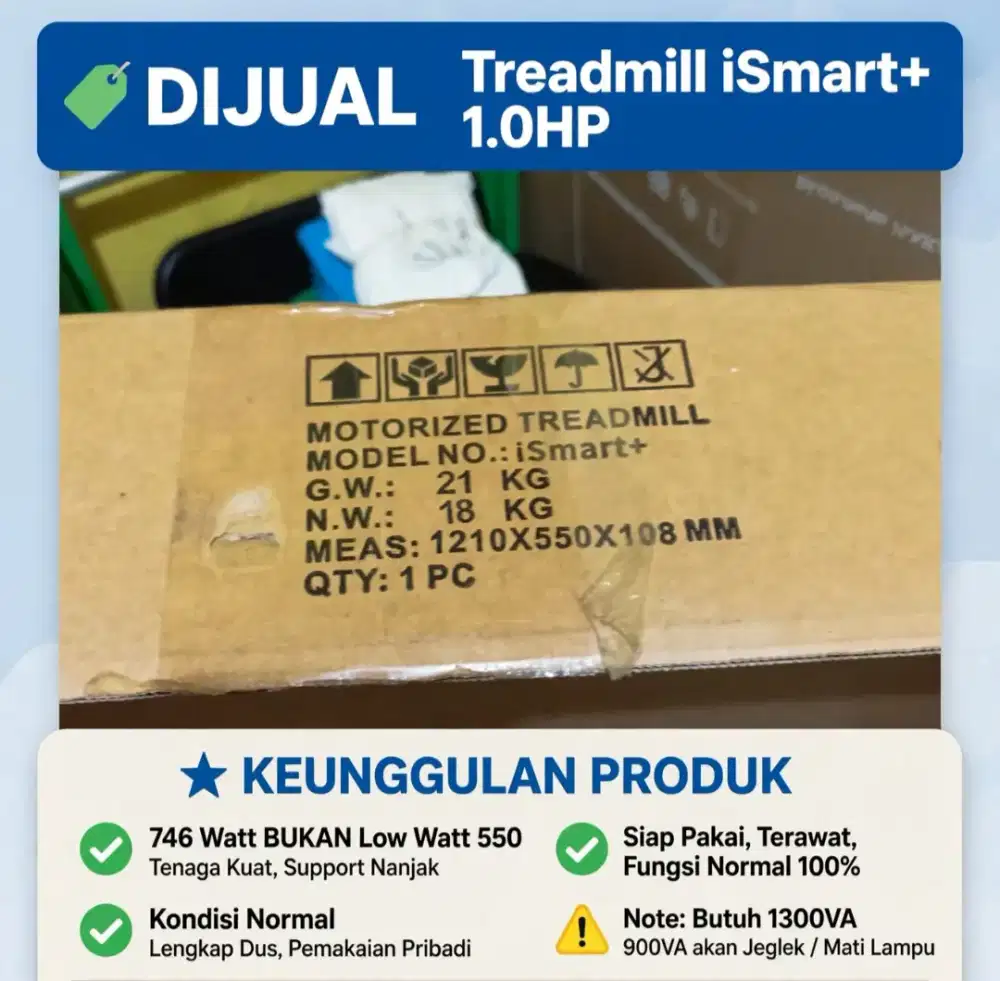 Treadmill iSmart+ 1.0HP 746W Lengkap Dus