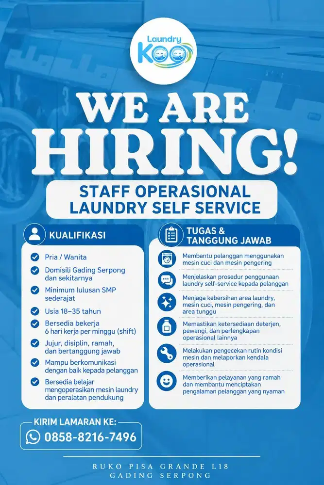 Lowongan Kerja: Staff Operasional Laundry Self-Service