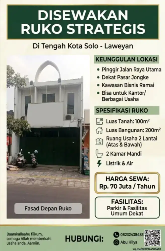 Disewakan Ruko 2 Lantai Pinggir Jalan Raya Laweyan Dekat Pasar Jongke