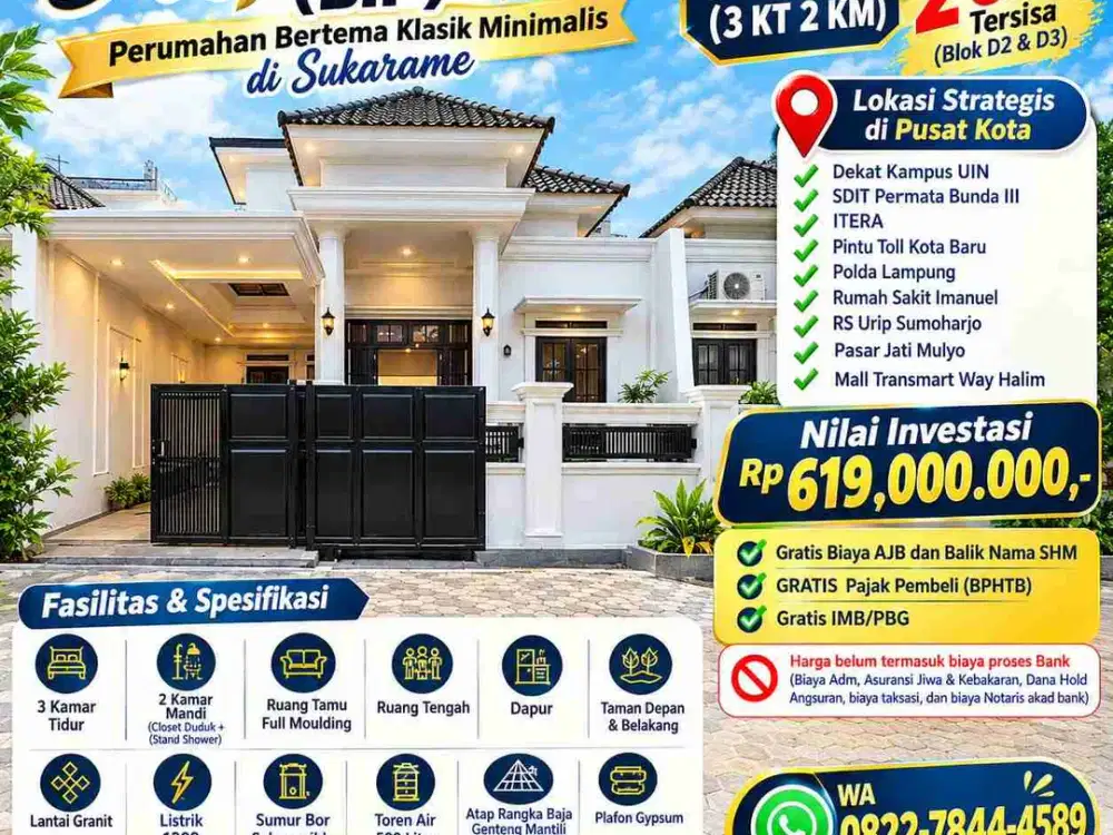 DI JUAL RUMAH MEWAH BIP SUKARAME DEKAT UIN DAN ITERA, PINTU TOL ITERA