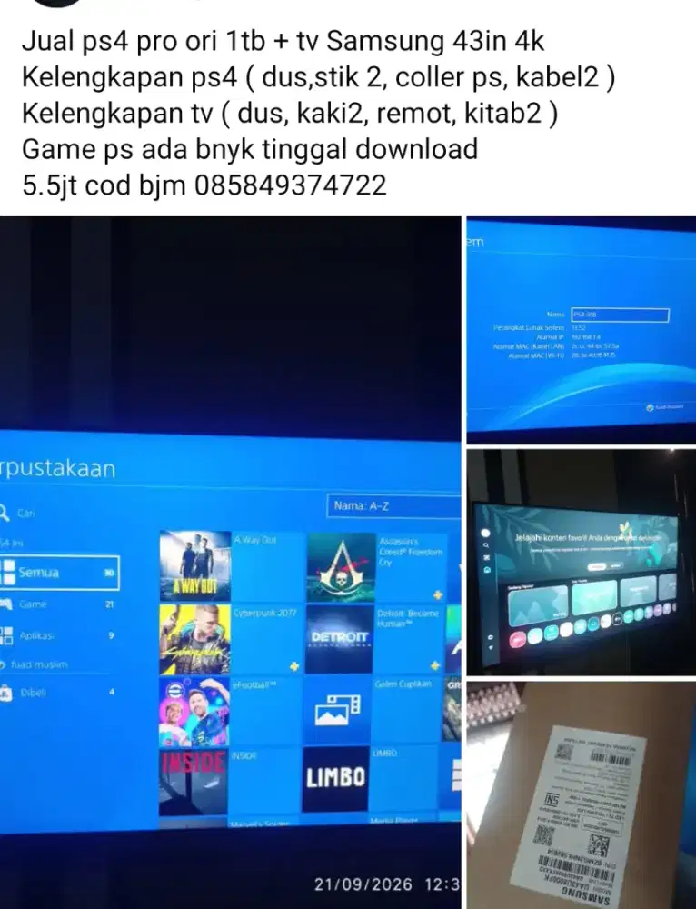 Ps4 pro ori 1 TB + tv Samsung 43in 4k