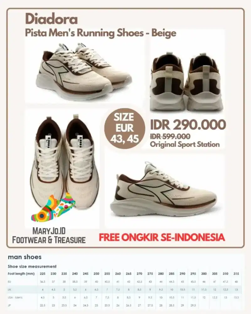 Diadora Pista Men's Running Shoes - Beige  : Size 43, 45
