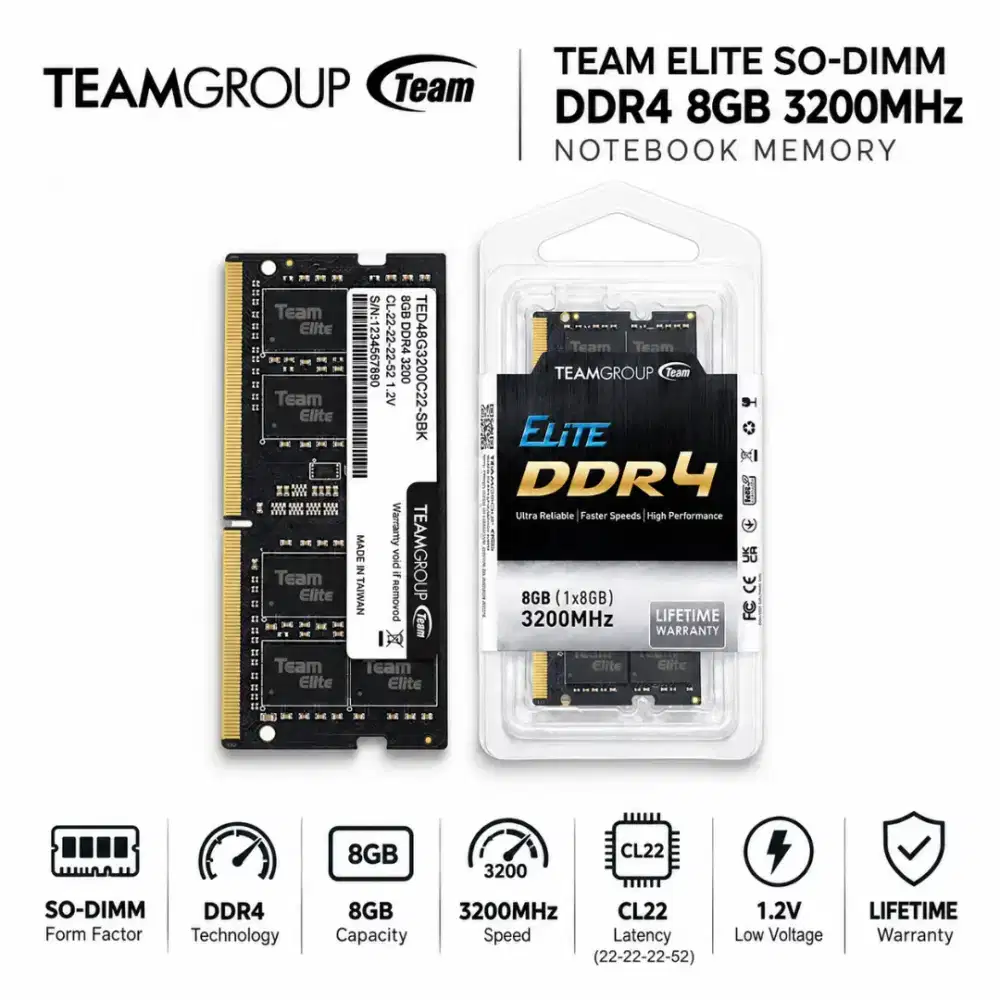 Team Elite DDR4 8GB Memory RAM Laptop 3200MHz PC4-25600 CL22