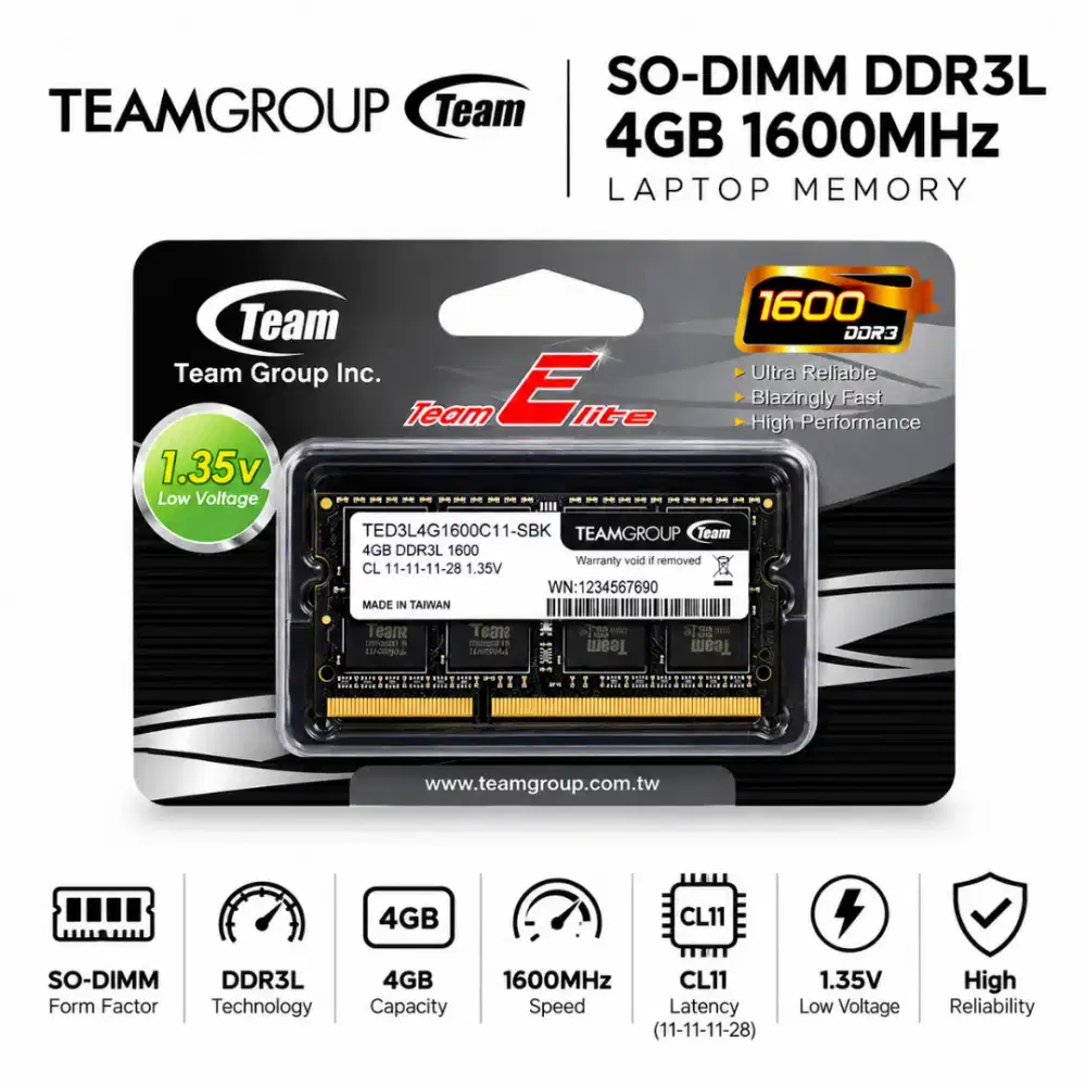 Team Elite DDR3/DDR3L 4GB Memory RAM Laptop 1600MHz PC3/PC3L12800 CL11