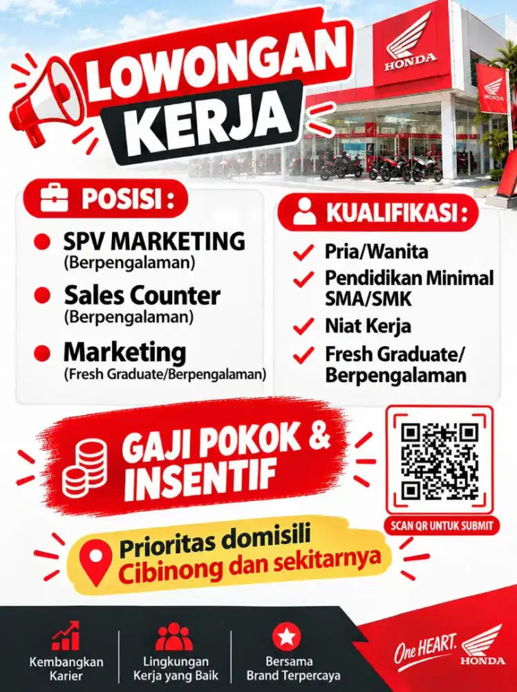 Dibutuhkan SPV Marketing, Marketing, dan Sales Counter