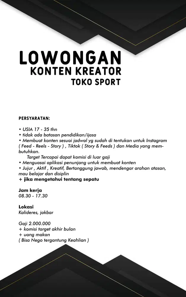 LOWONGAN KONTEN KREATOR JAKBAR KALIDERES TOKO SEPATU SPORT