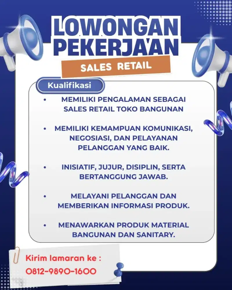 Lowongan pekerjaan Sales Retail toko retail bangunan