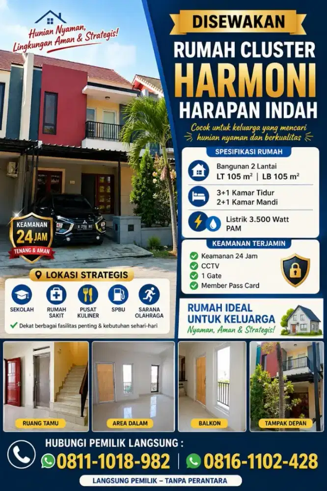 Disewakan Rumah Cluster Harmoni, Harapan Indah