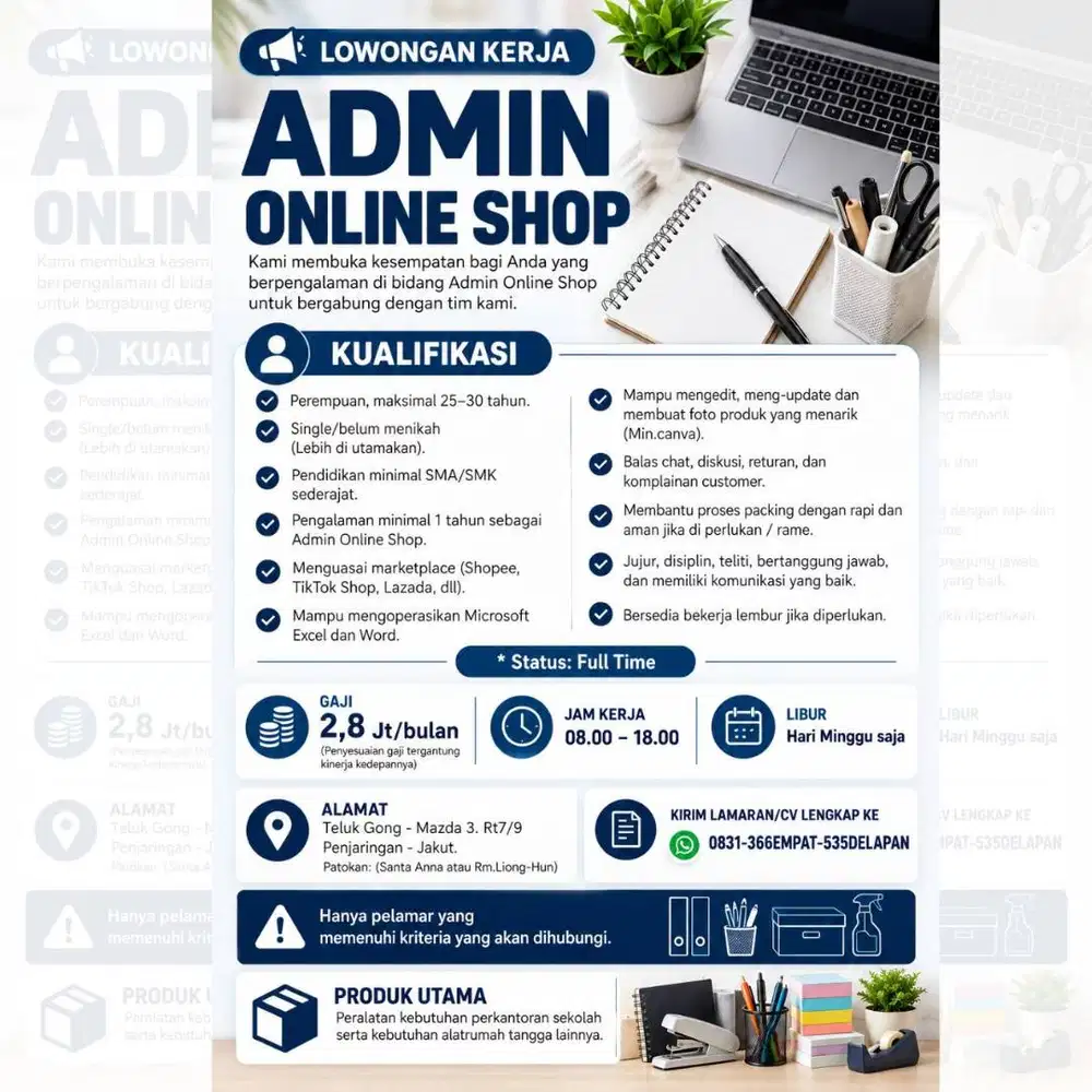 LOWONGAN KERJA – ADMIN ONLINE SHOP (berpengalaman)