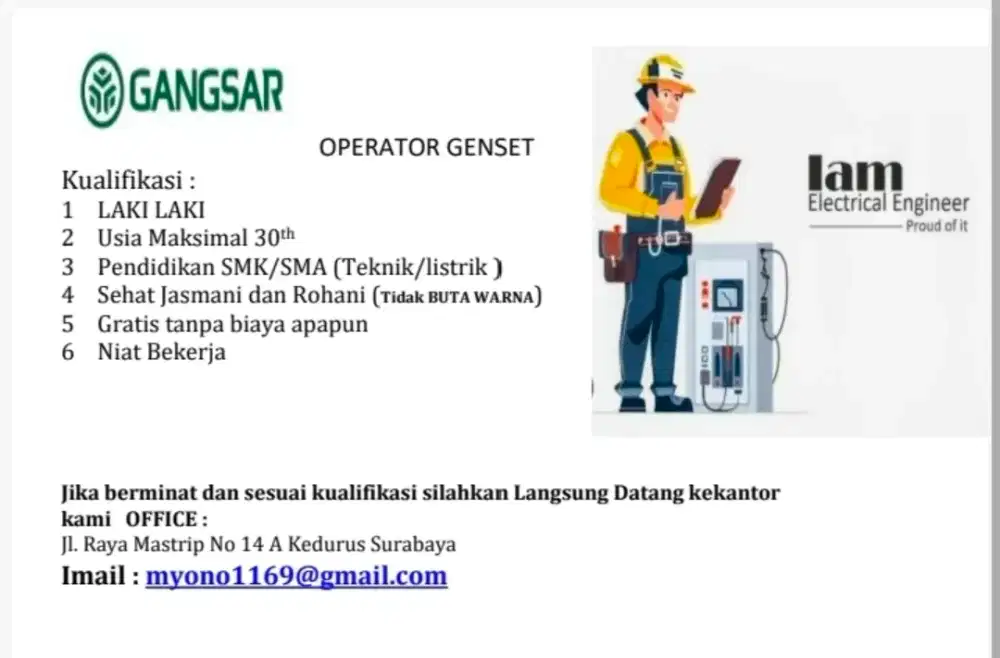Dibutuhkan segera operator genset