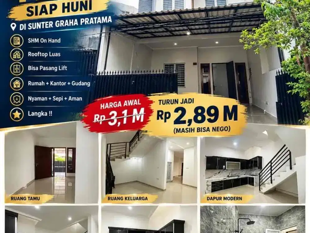 Rumah modern multi fungsi 4 Lantai Sunter, Rooftop Luas,bisa pasang lift  SHM On Hand – Harga Turun Jadi Rp2,89 M!