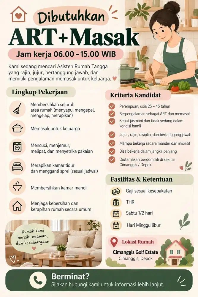 BUTUH SEGERA ART MASAK PP (Pulang Pergi)  di CGE Depok