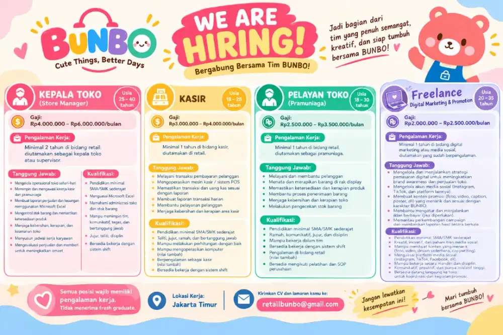 LOWONGAN KERJA BUNBO JAKARTA TIMUR – KEPALA TOKO, KASIR & PRAMUNIAGA