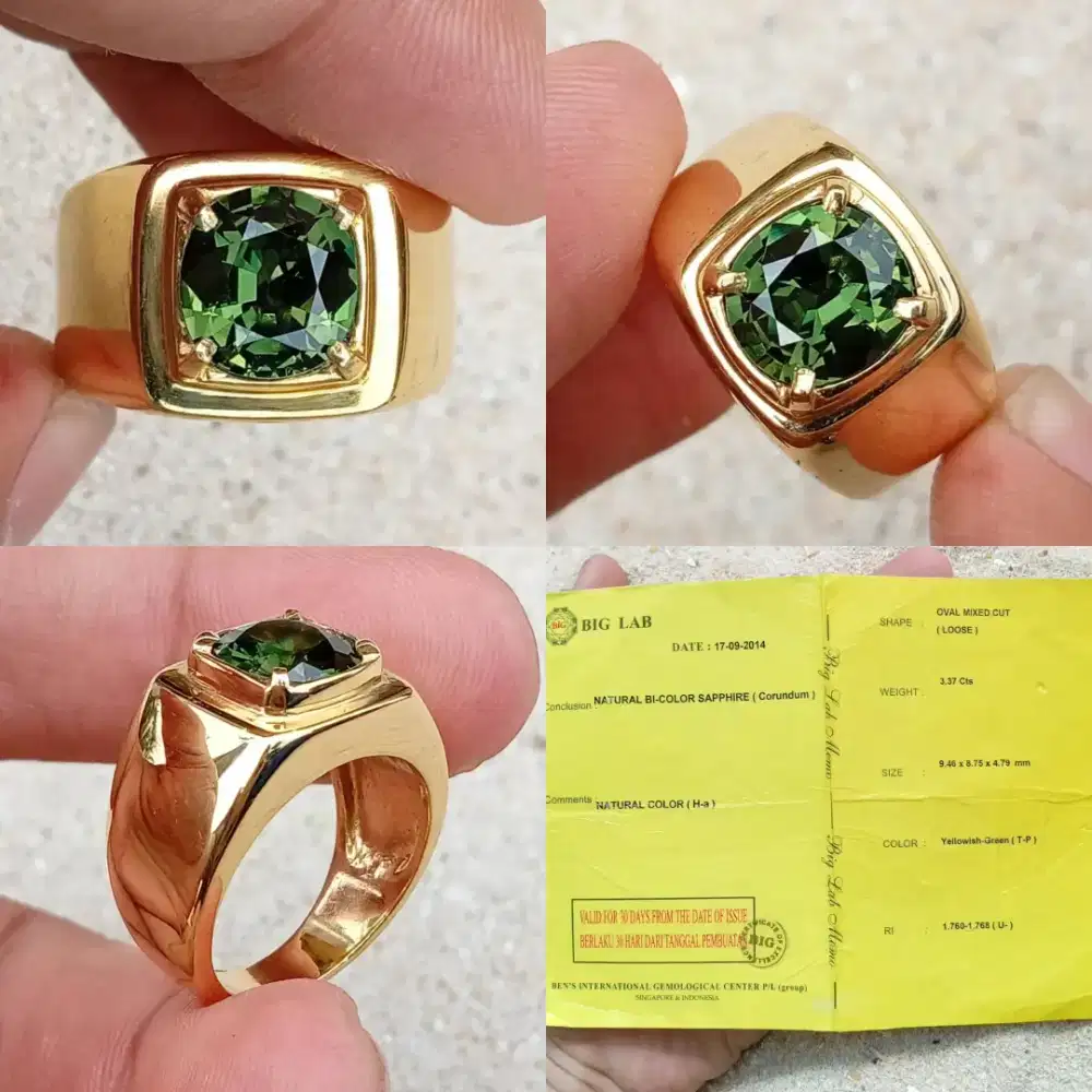 Green Bi Color Sapphire 3.37 ct Ring perak Loope Clean top Luster