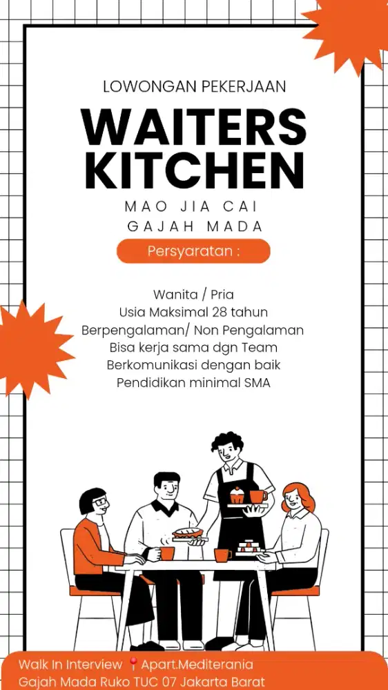 Dibutuhkan secepatnya Untuk waiter/waiters ,Kitchen