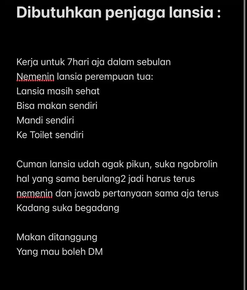 Lowongan kerja penjaga lansia wanita