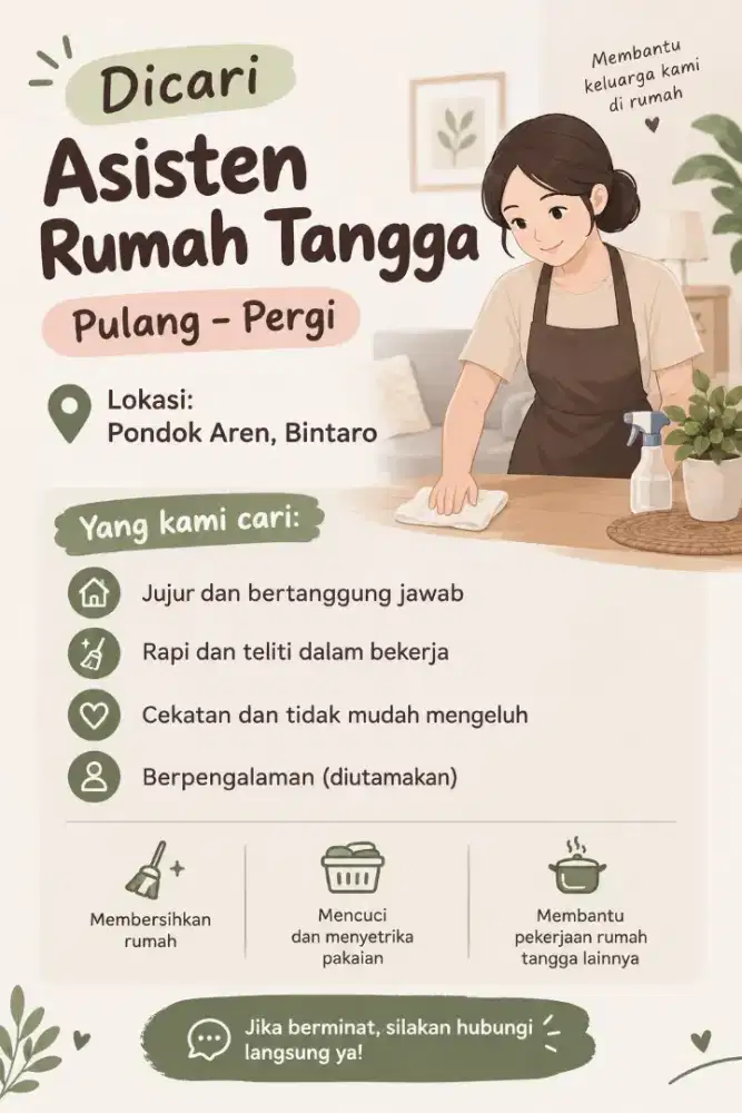 Dicari ART/Mba Pulang Pergi