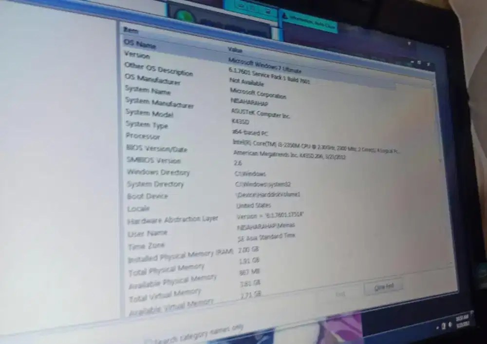 Laptop Asus Intel Core i3-2350 Ram 2 tahun 2012
