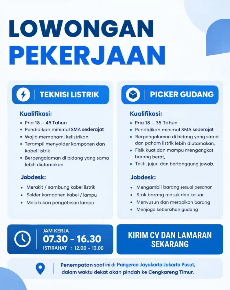 Lowongan Teknisi listrik & Picker gudang