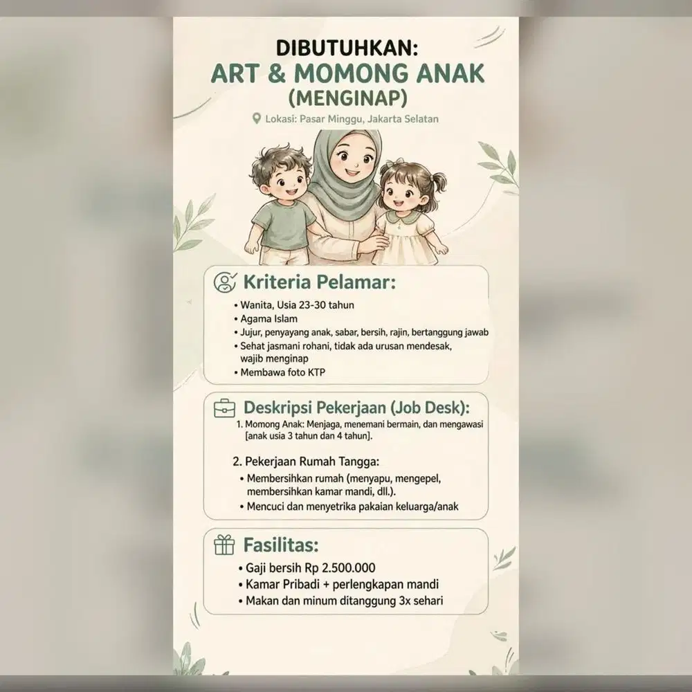Dibutuhkan ART dan momong anak (Menginap)