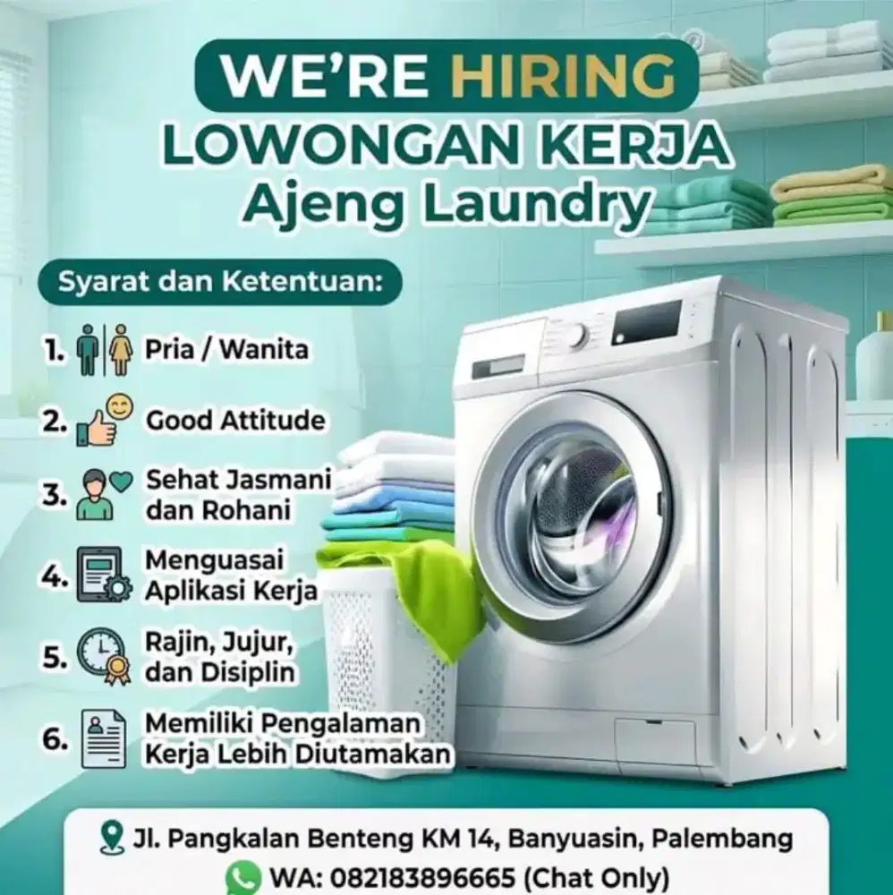 Di cari karyawan laundry yang di luar kota ada mess