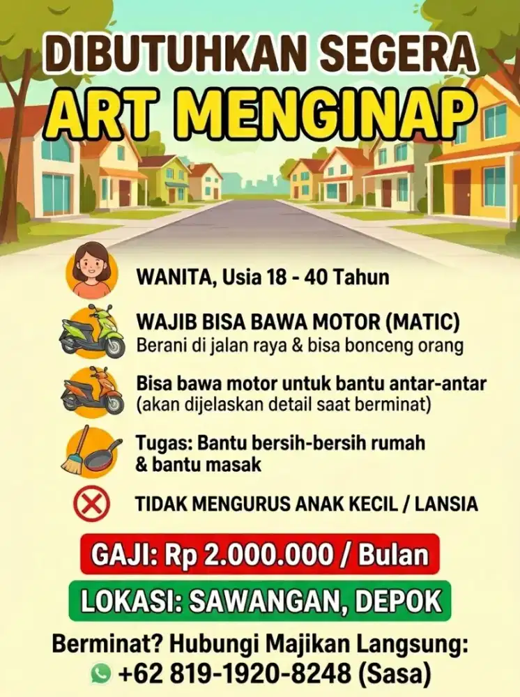 Dibutuhkan ART Menginap Depok