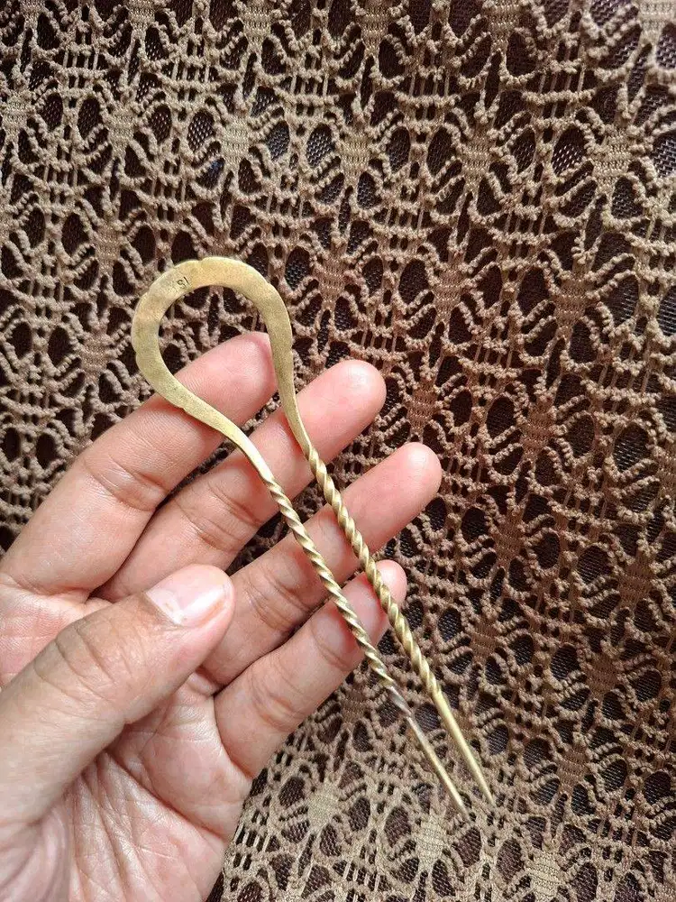 Vintage Engraved Brass Two-Prong Hair Fork