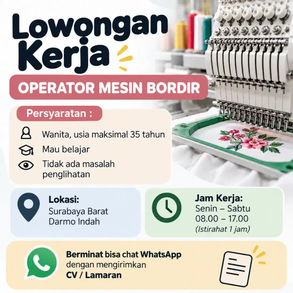Lowongan Operator Mesin Bordir Komputer Surabaya Barat