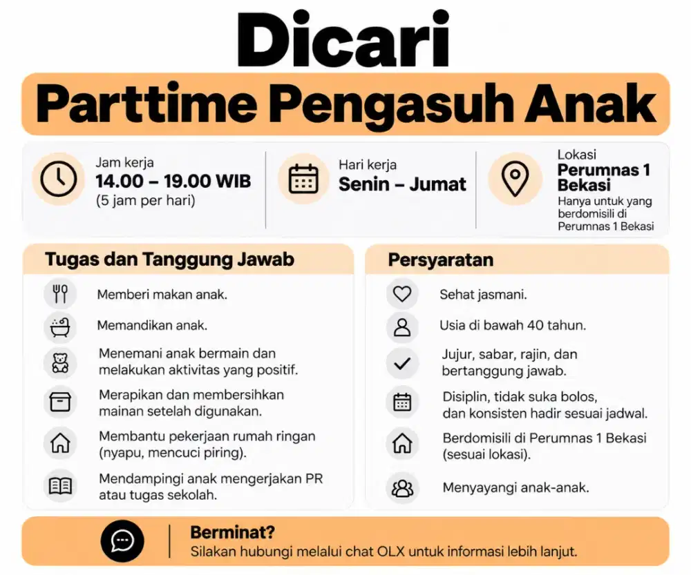 Dicari Part-Time Pengasuh Anak – Perumnas 1 Bekasi