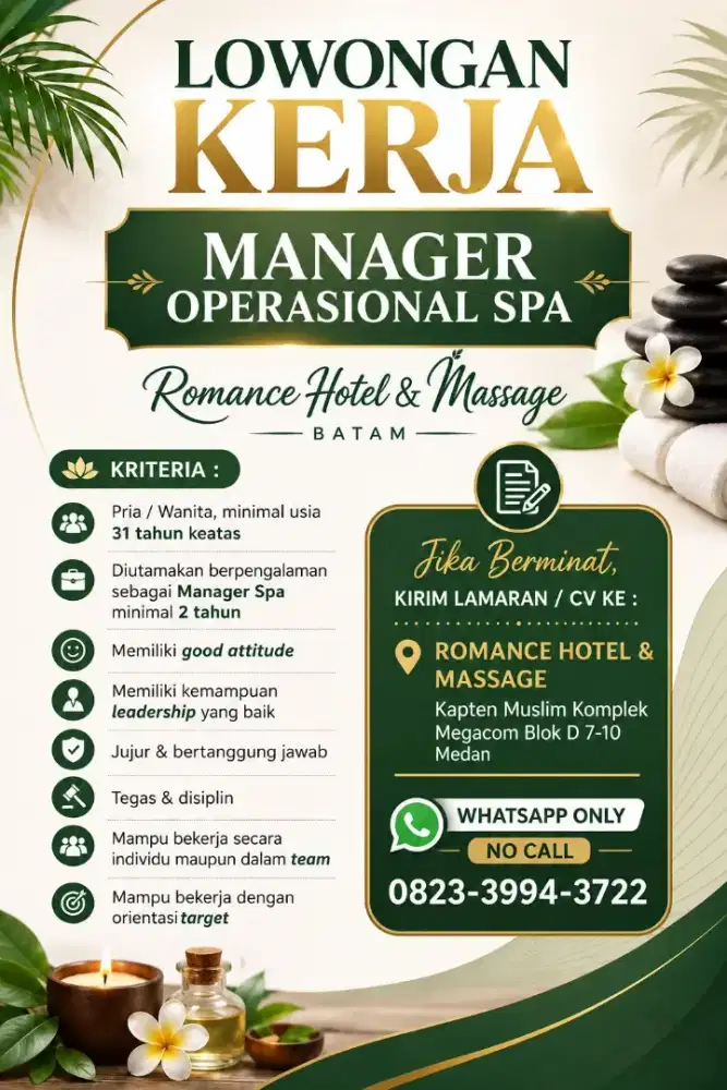 Manager operasional untuk hotel and spa  di kota medan