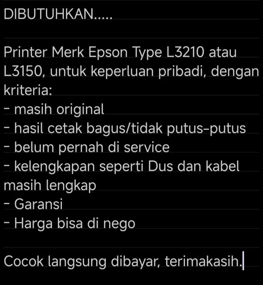 DIBUTUHKAN/ DICARI PRINTER EPSON
