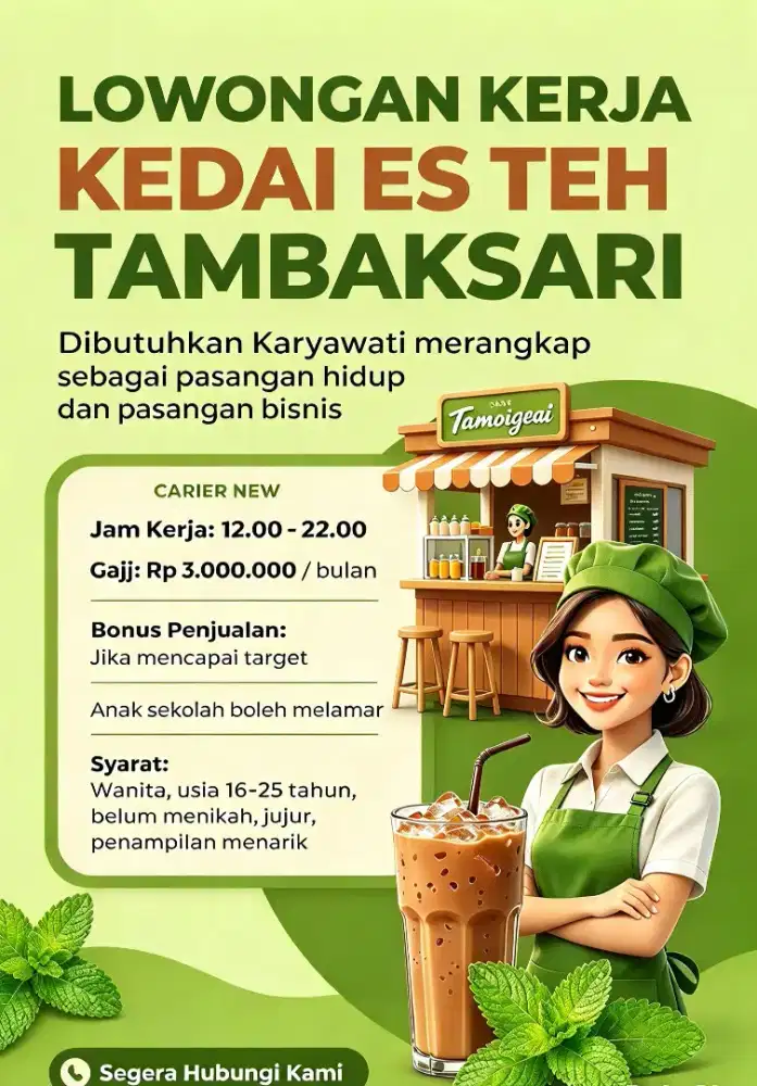 3 juta/ bulan, Dibutuhkan karyawati es teh boba kopi sesuai deskrispsi